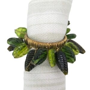 SET OF 6 Crate & Barrel Green Beaded Leaves & Gold Napkin Rings